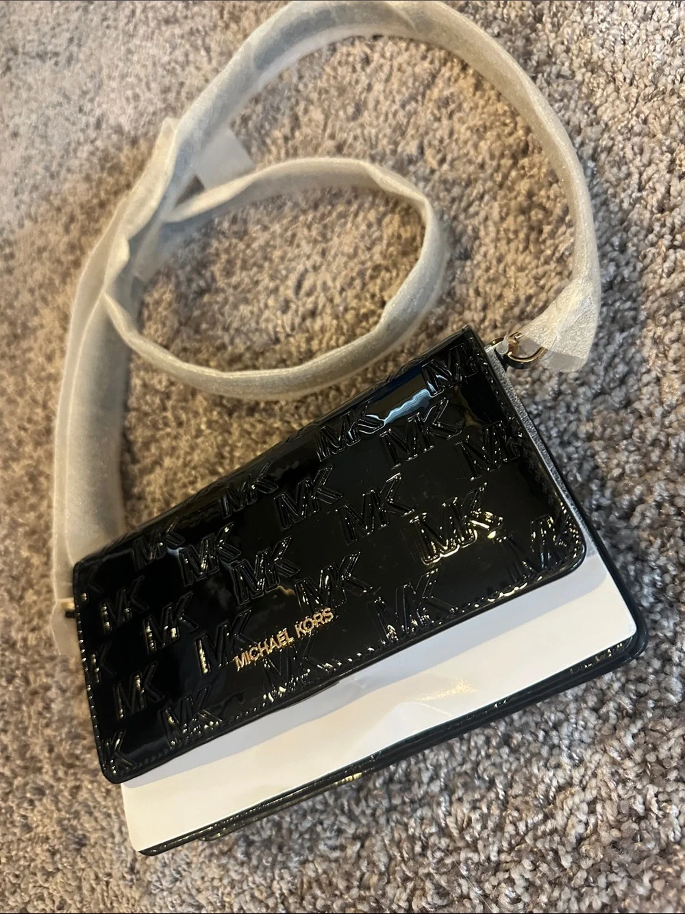 Michael Kors Black Patent MK Logo Crossbody with White Trim